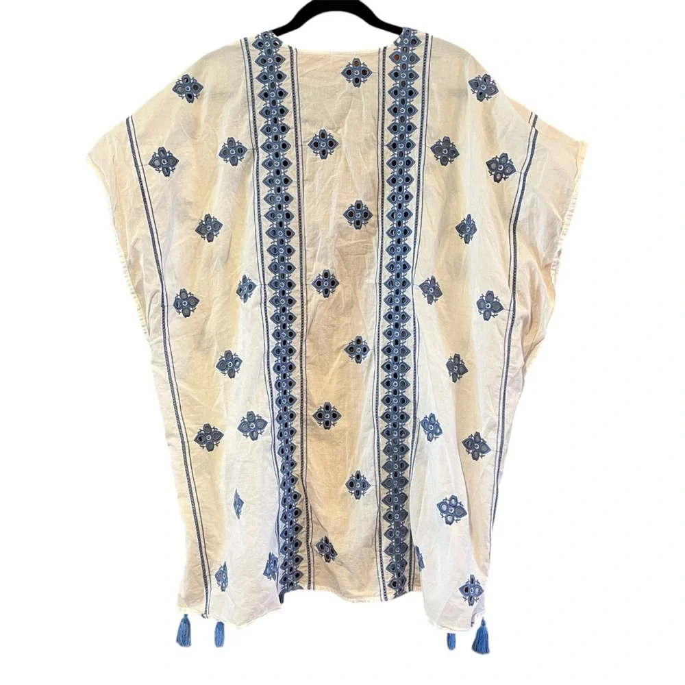 Womens cover up‎ wrap open embroidered eyelet tunic white blue XXL tassel beach